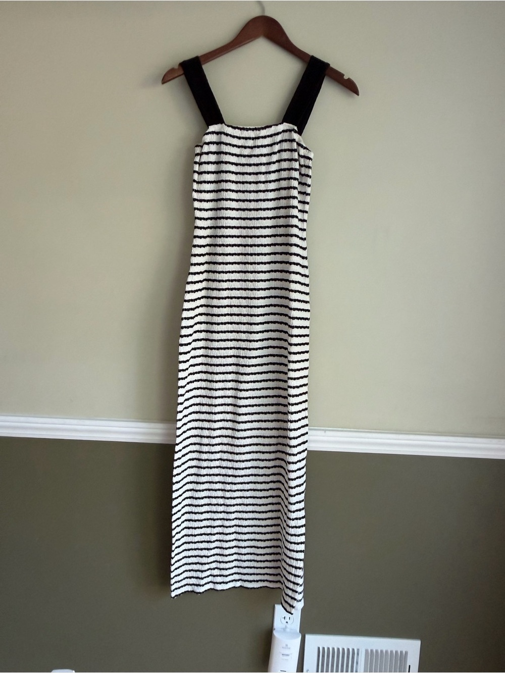 Loveappella Black and White Striped Maxi Dress with Wide Black Straps